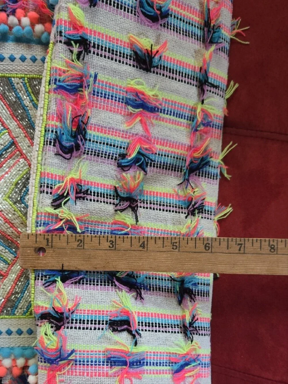 Multicolor Beaded Chevron Tote with Pom-Pom Trim